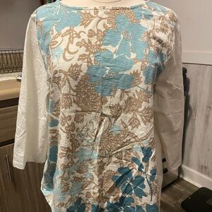 Appleseed's Blue and Tan Floral Long Sleeve Top